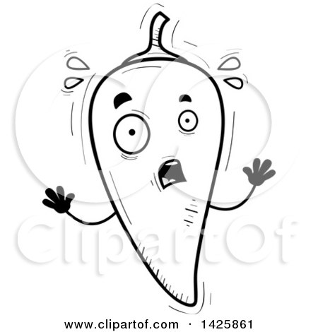 Clipart of a Cartoon Black and White Doodled Scared Hot Chile Pepper Character - Royalty Free Vector Illustration by Cory Thoman