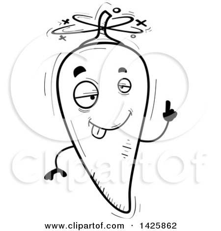 Clipart of a Cartoon Black and White Doodled Drunk Hot Chile Pepper Character - Royalty Free Vector Illustration by Cory Thoman