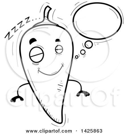 Clipart of a Cartoon Black and White Doodled Dreaming Hot Chile Pepper Character - Royalty Free Vector Illustration by Cory Thoman