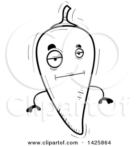 Clipart of a Cartoon Black and White Doodled Bored Hot Chile Pepper Character - Royalty Free Vector Illustration by Cory Thoman