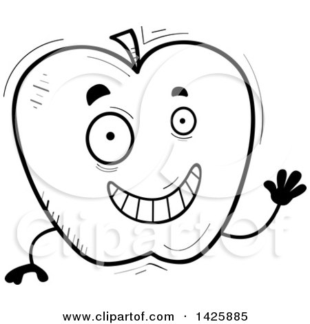 Clipart of a Cartoon Black and White Doodled Waving Apple Character - Royalty Free Vector Illustration by Cory Thoman