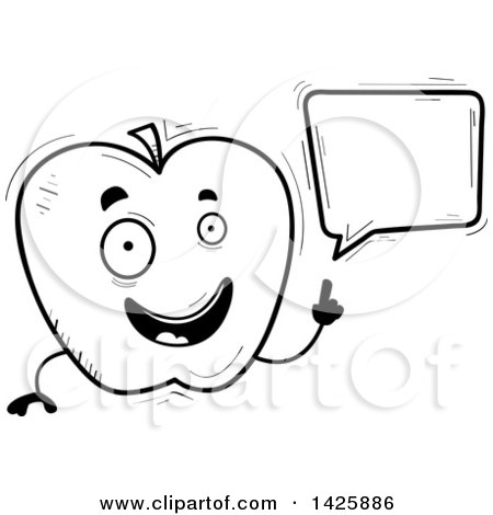 Clipart of a Cartoon Black and White Doodled Talking Apple Character - Royalty Free Vector Illustration by Cory Thoman