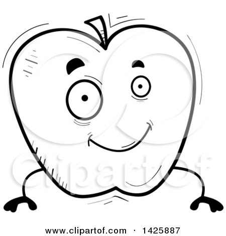 Clipart of a Cartoon Black and White Doodled Apple Character - Royalty Free Vector Illustration by Cory Thoman