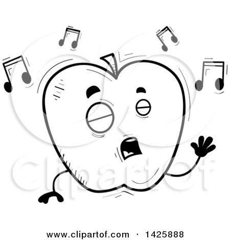 Clipart of a Cartoon Black and White Doodled Singing Apple Character - Royalty Free Vector Illustration by Cory Thoman