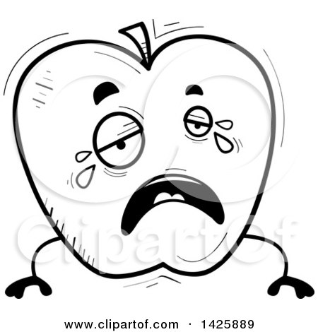 Clipart of a Cartoon Black and White Doodled Crying Apple Character - Royalty Free Vector Illustration by Cory Thoman