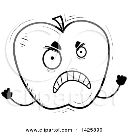 Clipart of a Cartoon Black and White Doodled Mad Apple Character - Royalty Free Vector Illustration by Cory Thoman