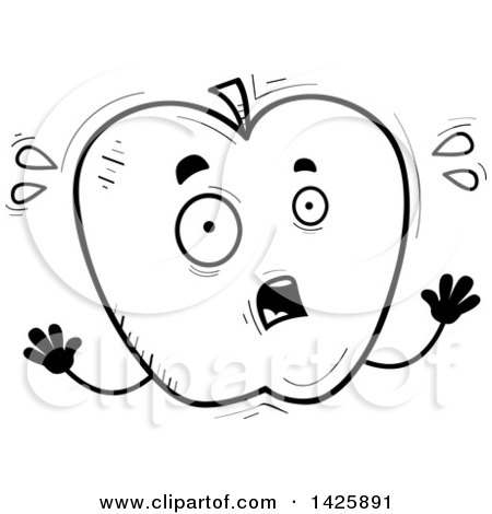 Clipart of a Cartoon Black and White Doodled Scared Apple Character - Royalty Free Vector Illustration by Cory Thoman