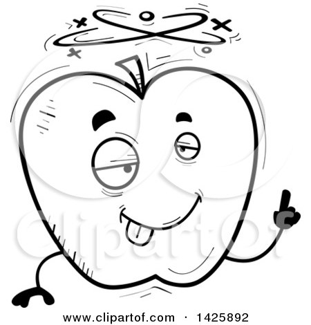 Clipart of a Cartoon Black and White Doodled Drunk Apple Character - Royalty Free Vector Illustration by Cory Thoman