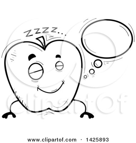 Clipart of a Cartoon Black and White Doodled Dreaming Apple Character - Royalty Free Vector Illustration by Cory Thoman
