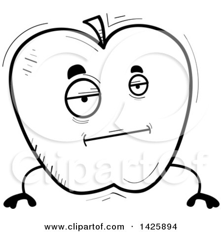 Clipart of a Cartoon Black and White Bored Doodled Apple Character - Royalty Free Vector Illustration by Cory Thoman