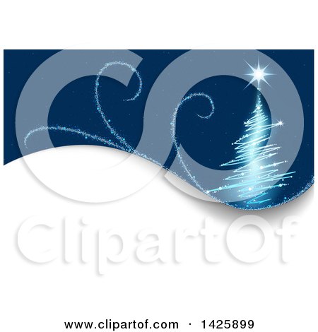 Clipart of a Blue Background with a Magical Christmas Tree and Swirls over Text Space - Royalty Free Vector Illustration by dero