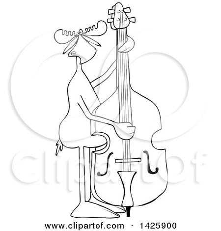 Clipart of a Cartoon Black and White Lineart Moose Playing and Plucking a Double Bass - Royalty Free Vector Illustration by djart
