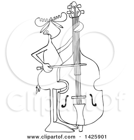 Clipart of a Cartoon Black and White Lineart Moose Playing a Double Bass with a Bow - Royalty Free Vector Illustration by djart