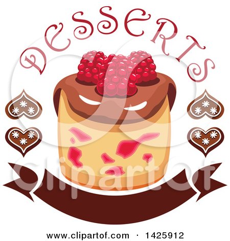 Clipart of a Cupcake with Raspberries, Desserts Text and Chocolate Hearts over a Banner - Royalty Free Vector Illustration by Vector Tradition SM