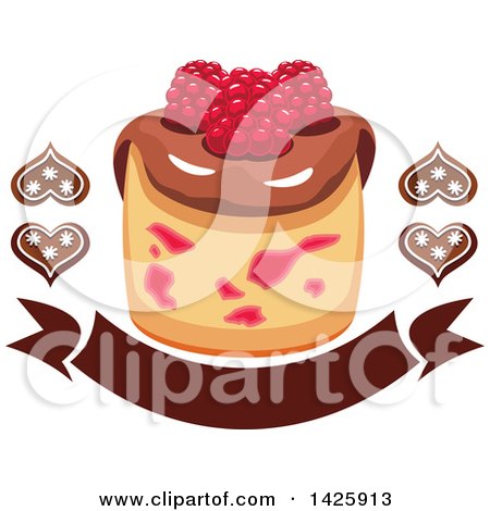 Clipart of a Cupcake with Raspberries and Chocolate Hearts over a Banner - Royalty Free Vector Illustration by Vector Tradition SM