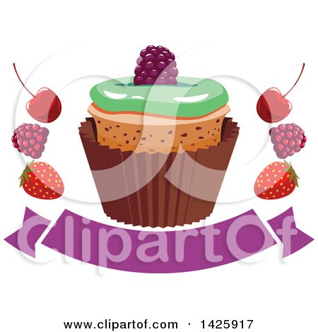 Clipart of a Cupcake with Berries over a Blank Banner - Royalty Free Vector Illustration by Vector Tradition SM