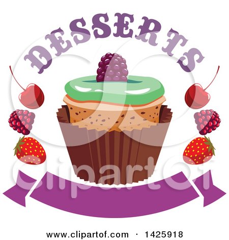 Clipart of a Cupcake with Berries with Desserts Text over a Blank Banner - Royalty Free Vector Illustration by Vector Tradition SM