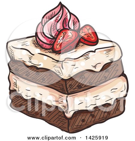 Clipart of a Sketched Piece of Chocolate Strawberry Cake - Royalty Free Vector Illustration by Vector Tradition SM