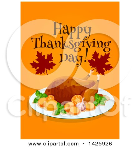 Clipart of a Happy Thanksgiving Day Greeting with a Roasted Turkey and Oranges - Royalty Free Vector Illustration by Vector Tradition SM