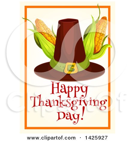 Clipart of a Happy Thanksgiving Day Greeting with a Pilgrim Hat and Corn - Royalty Free Vector Illustration by Vector Tradition SM