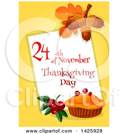 Clipart of a Thanksgiving Text Sign with a Pie, Berries, Leaves and Acorns over Yellow - Royalty Free Vector Illustration by Vector Tradition SM