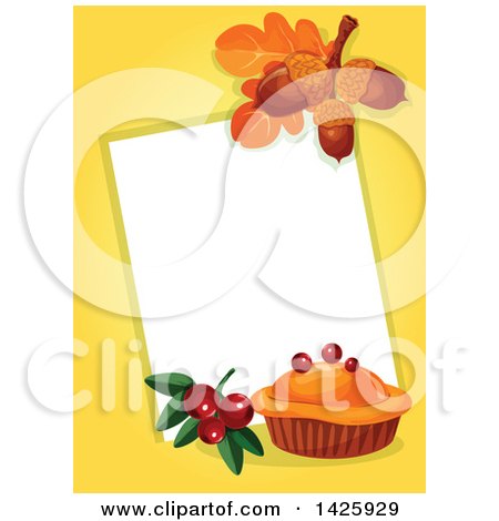 Clipart of a Thanksgiving Sign with a Pie, Berries, Leaves and Acorns over Yellow - Royalty Free Vector Illustration by Vector Tradition SM