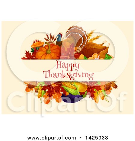 Clipart of a Happy Thanksgiving Greeting with a Turkey and Harvest Vegetables - Royalty Free Vector Illustration by Vector Tradition SM