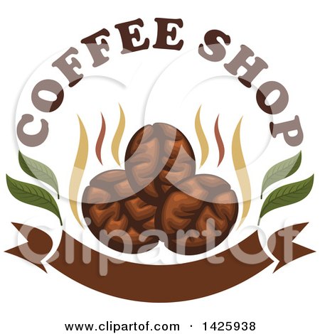 Clipart of Three Coffee Beans with Text and Steam over a Banner - Royalty Free Vector Illustration by Vector Tradition SM