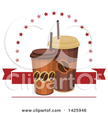 Clipart of Take out Coffee Cups with Stars and a Red Banner - Royalty Free Vector Illustration by Vector Tradition SM
