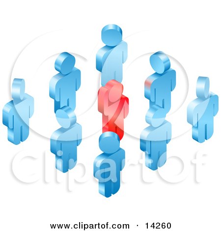 Red Individual Raising Their Hand While Standing in a Group of Blue Employees or Volunteers Clipart Illustration by AtStockIllustration
