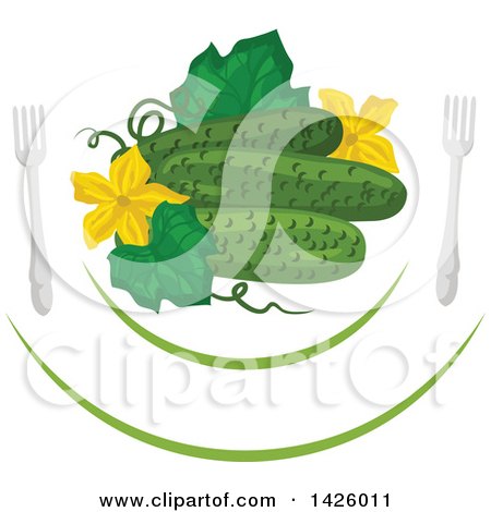 Clipart of a Leaf, Blossoms and Cucumbers on a Plate with Forks - Royalty Free Vector Illustration by Vector Tradition SM