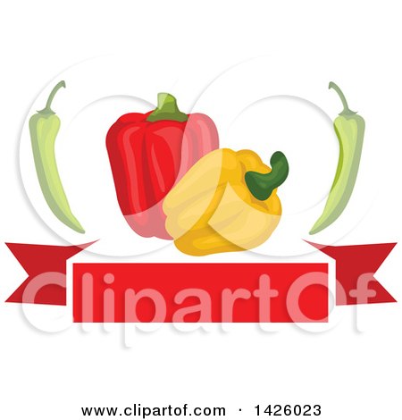 Clipart of Red and Yellow Bell Peppers and Chiles over a Red Banner - Royalty Free Vector Illustration by Vector Tradition SM