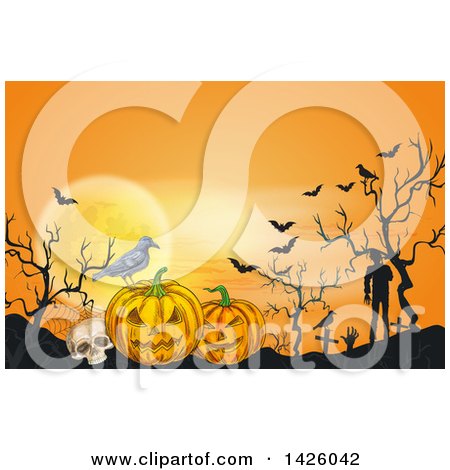 Clipart of a Sketched Halloween Background of a Full Moon, Bats, Skull, Crow, Jackolanterns and Zombies in a Cemetery - Royalty Free Vector Illustration by Vector Tradition SM