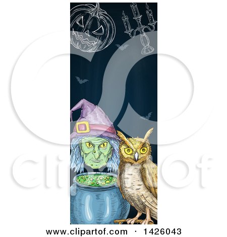 Clipart of a Sketched Vertical Halloween Border of a Witch, Cauldron, Pumpkin, Candelabra, and Owl - Royalty Free Vector Illustration by Vector Tradition SM