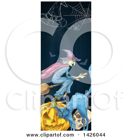 Clipart of a Sketched Vertical Halloween Border of a Flying Witch, Hat, Spider Web, Bats, Cat, Skull and Pumpkin - Royalty Free Vector Illustration by Vector Tradition SM