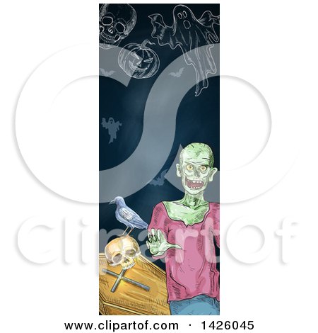 Clipart of a Sketched Vertical Halloween Border of a Zombie, Coffin, Skull, Crow, Pumpkin, Bats and Ghost - Royalty Free Vector Illustration by Vector Tradition SM