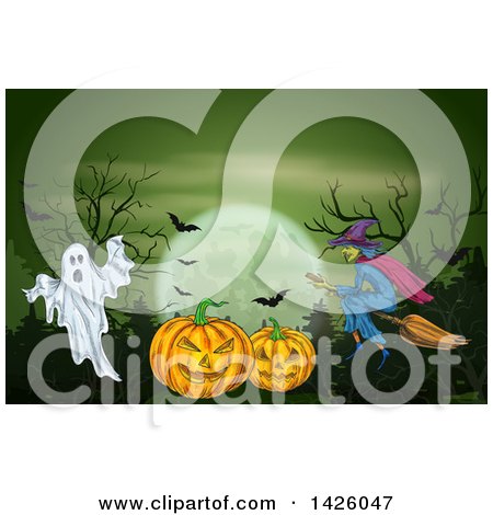 Clipart of a Sketched Halloween Background of a Full Moon, Bats, Ghost, Witch and Pumpkins - Royalty Free Vector Illustration by Vector Tradition SM