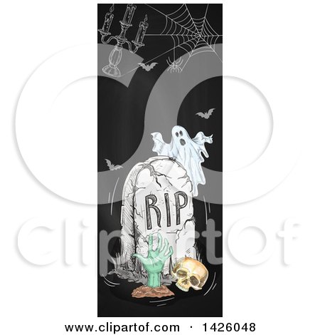 Clipart of a Sketched Vertical Halloween Border of a Ghost, Tombstone, Skull, Candelabra, Spider Web, Bats and Rising Zombie on a Blackboard - Royalty Free Vector Illustration by Vector Tradition SM