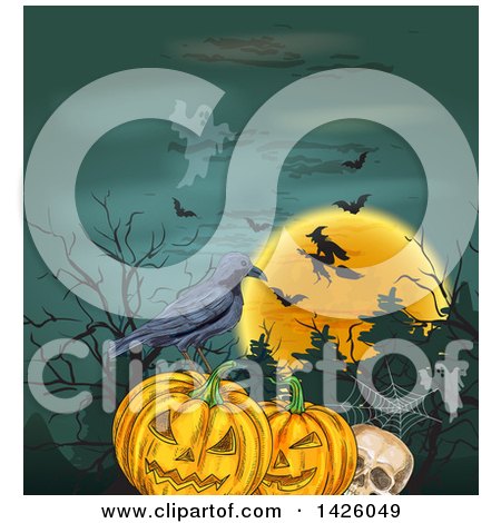 Clipart of a Sketched Halloween Background of Ghosts, Bats, a Full Moon, Witch, Skull, Pumpkins and Crow - Royalty Free Vector Illustration by Vector Tradition SM