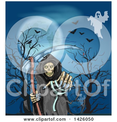 Clipart of a Sketched Halloween Background of a Ghost, Full Moon, Bats and Grim Reaper - Royalty Free Vector Illustration by Vector Tradition SM