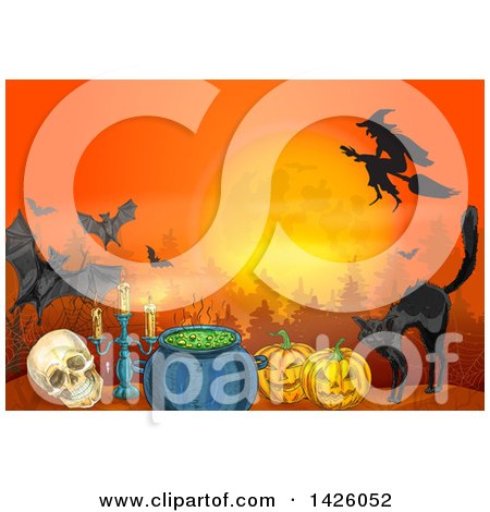 Clipart of a Sketched Halloween Background of a Witch, Full Moon, Bats, Cat, Pumpkins, Cauldron, Candelabra and Skull - Royalty Free Vector Illustration by Vector Tradition SM