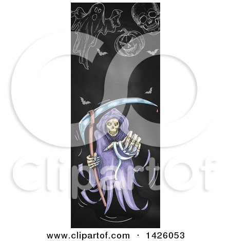Clipart of a Sketched Vertical Halloween Border of a Grim Reaper, Ghost, Bats, Skull and Pumpkin on a Blackboard - Royalty Free Vector Illustration by Vector Tradition SM
