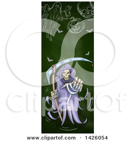Clipart of a Sketched Vertical Halloween Border of a Grim Reaper, Ghost, Bats, Skull and Pumpkin - Royalty Free Vector Illustration by Vector Tradition SM