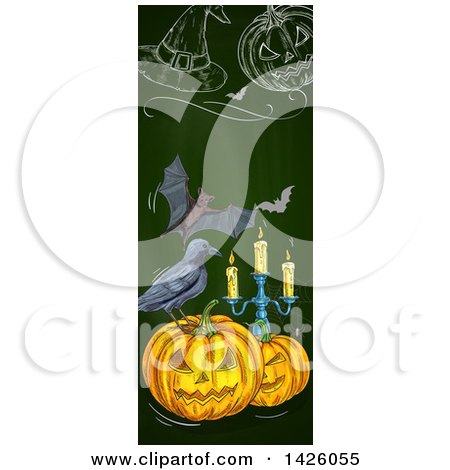 Clipart of a Sketched Vertical Halloween Border of a Witch Hat, Bats, Pumpkins, Crow and Candelabra - Royalty Free Vector Illustration by Vector Tradition SM