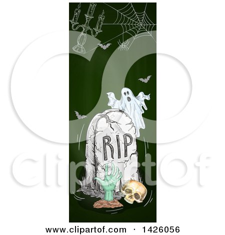 Clipart of a Sketched Vertical Halloween Border of a Ghost, Tombstone, Skull, Rising Zombie, Bats, Candelabra, Spider Web - Royalty Free Vector Illustration by Vector Tradition SM