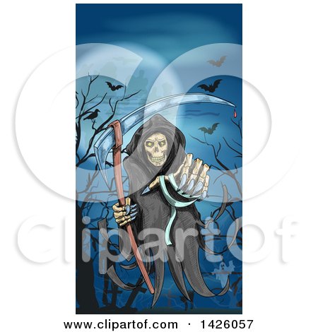 Clipart of a Sketched Vertical Halloween Border of a Grim Reaper, Ghost, Bats, Zombie, and Full Moon - Royalty Free Vector Illustration by Vector Tradition SM