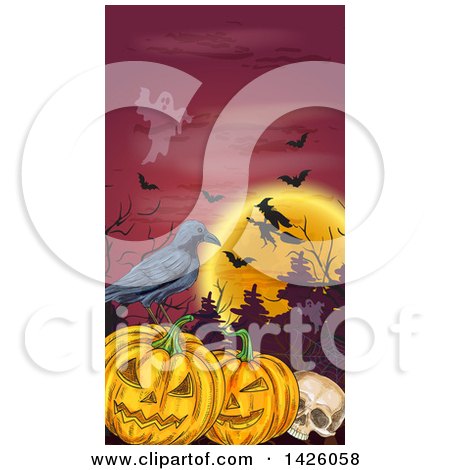 Clipart of a Sketched Vertical Halloween Border of a Ghost, Bats, Row, Skull, Witch, Full Moon and Pumpkins - Royalty Free Vector Illustration by Vector Tradition SM