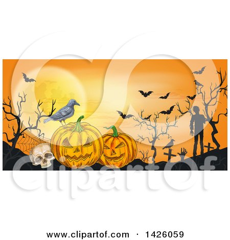 Clipart of a Sketched Halloween Border of a Crow, Skull, Jackolantern, Bats and Zombies - Royalty Free Vector Illustration by Vector Tradition SM