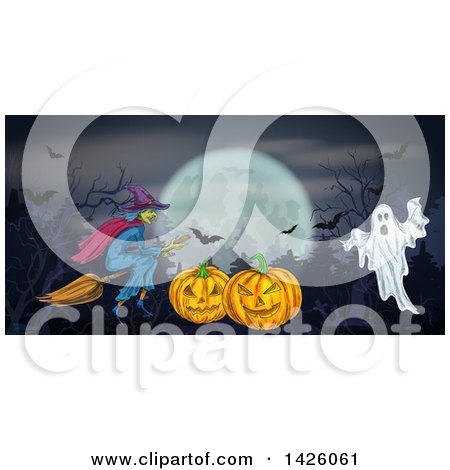 Clipart of a Sketched Halloween Border of a Witch, Jackolanterns, Full Moon, Bats and Ghost - Royalty Free Vector Illustration by Vector Tradition SM