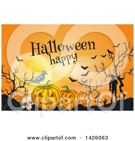 Clipart of a Sketched Happy Halloween Greeting over a Full Moon, Bats, Skull, Crow, Jackolanterns and Zombies in a Cemetery - Royalty Free Vector Illustration by Vector Tradition SM